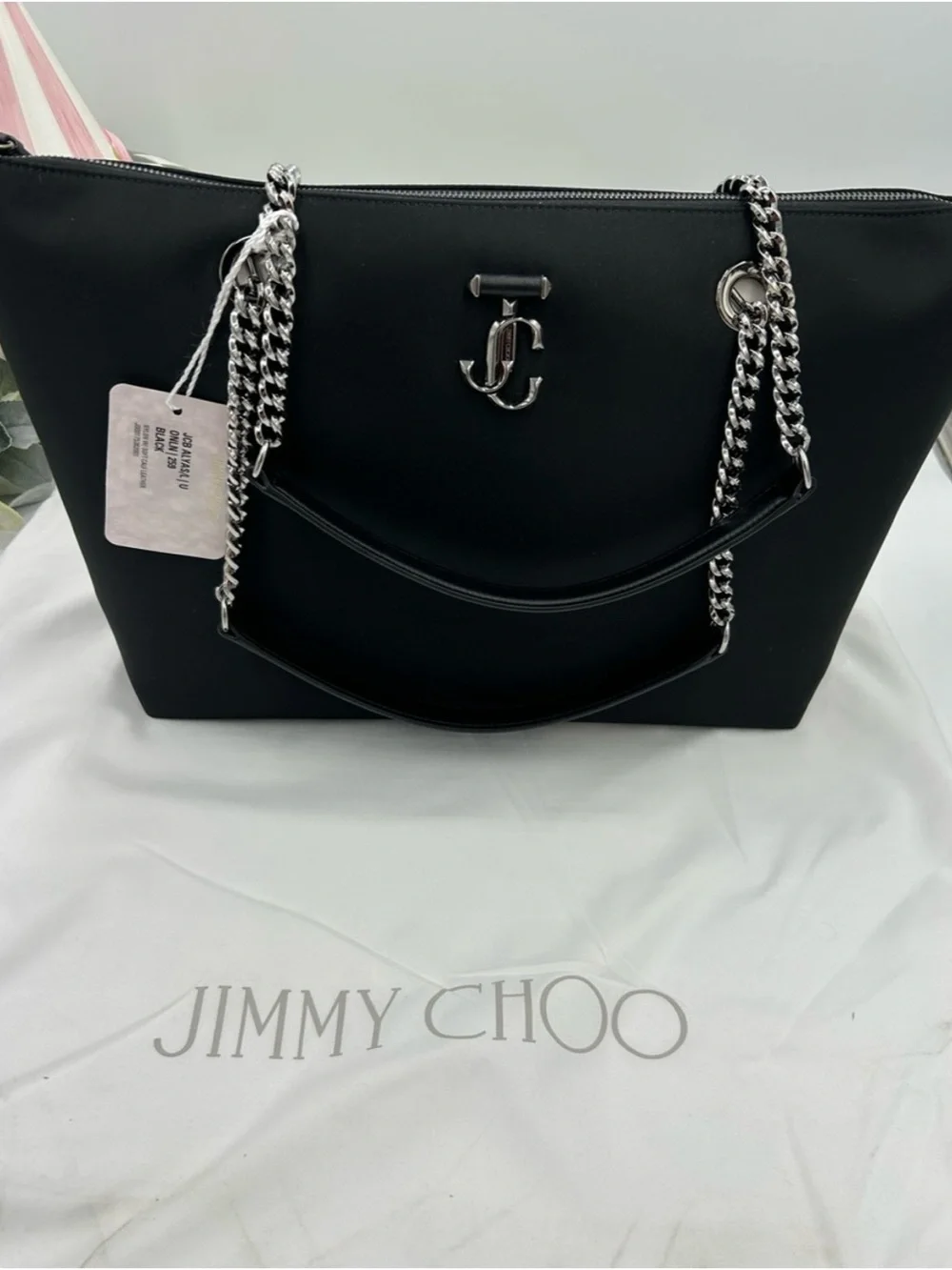 Jimmy Choo Black Tote Bag with Silver Chain Handles and iconic logo